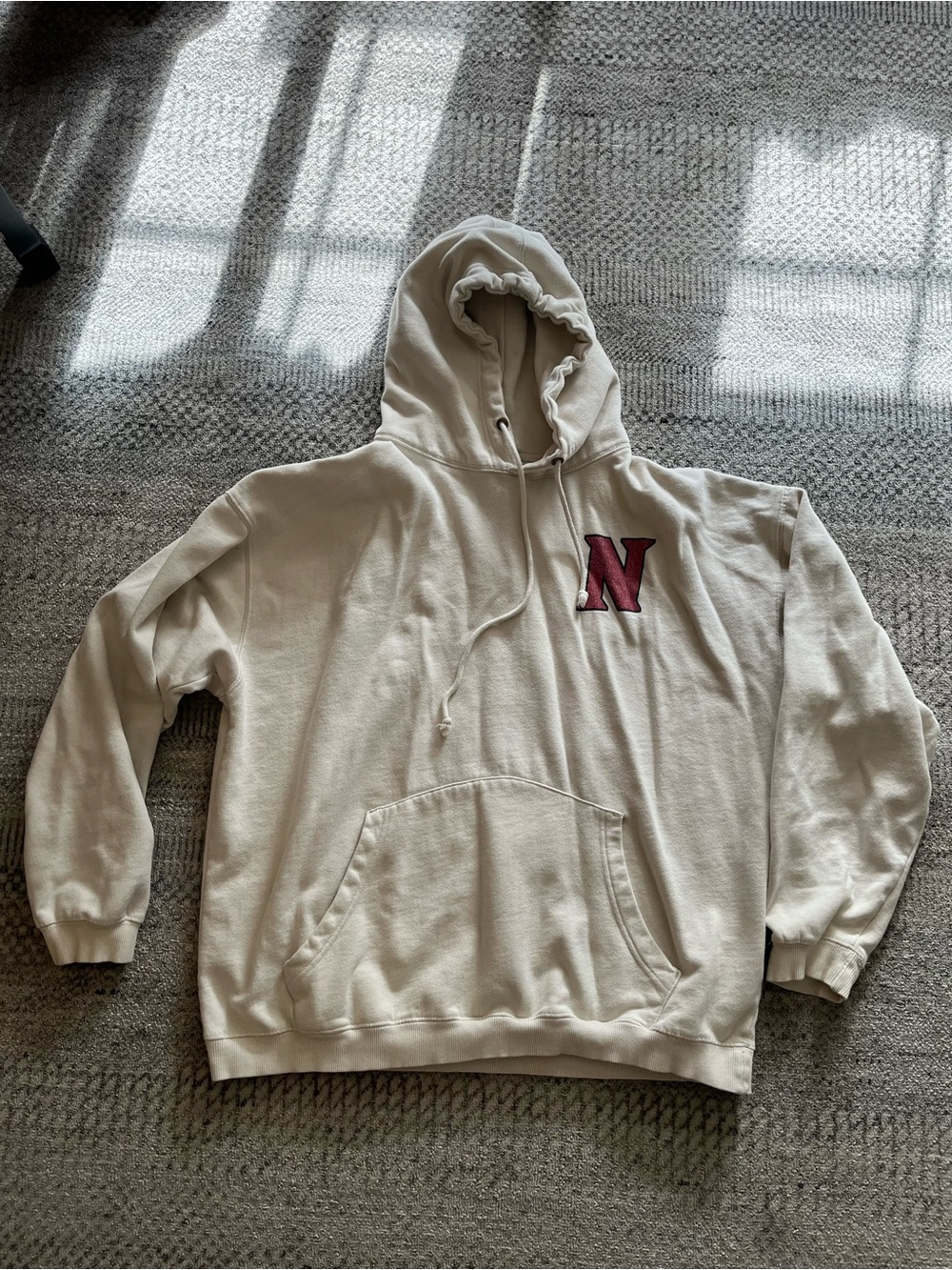 Ash Cream Hoodie with Maroon 'N' Chest Patch